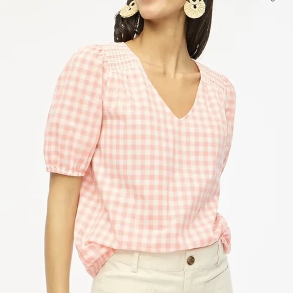 J. Crew Tops - J Crew Peach/White Short Sleeve Gingham Top New without tags